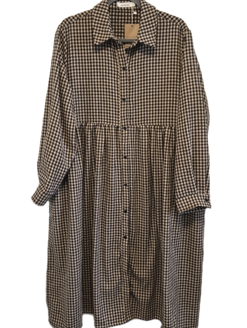 Soolinen Midi Dress Brown Houndstooth Button Front Collared Linen Blend Sz L — image 2 of 8